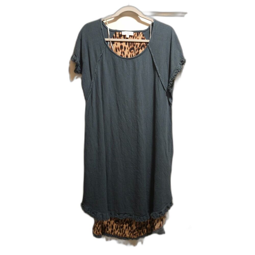 Umgee Womens Green Hi Low Leopard Cheetah Print Back Linen Shirt Dress Size XL